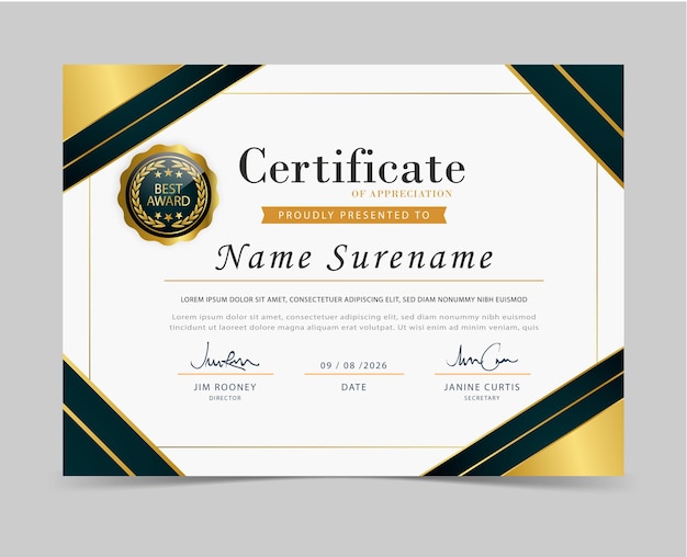 Elegante certificado de aprecio con acentos dorados