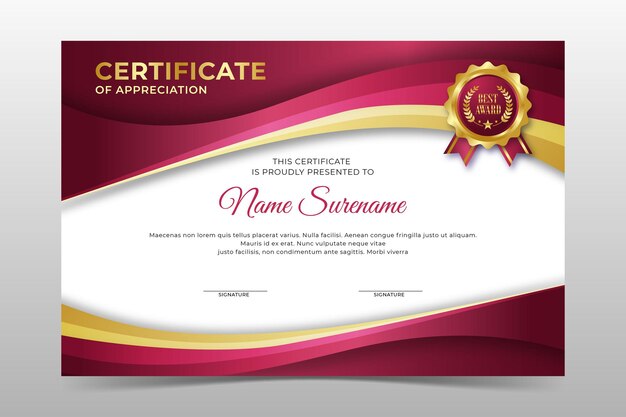 Elegante certificado de logro dorado rojo degradado