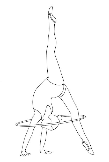 Elegante chica delgada con un aro gimnasia rítmica Ilustración vectorial en estilo doodle sobre fondo blanco