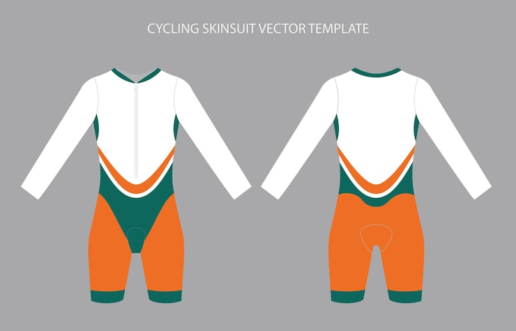 Elegante ciclismo Lonf mangas traje de piel Maqueta de diseño vectorial plantilla en naranja blanco y verde color