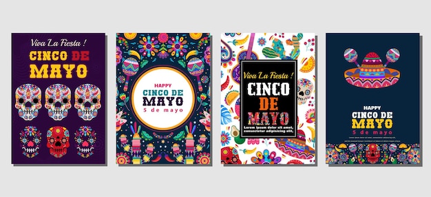 Vector elegante cinco de mayo conjunto de tarjetas de felicitación carteles cubiertas de vacaciones