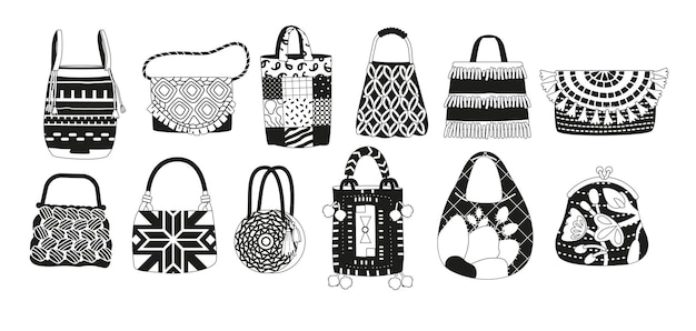 Elegante colección de bolsos étnicos Conjunto de iconos negros aislados con patrones intrincados y diseños culturales