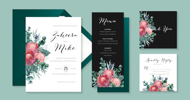 Elegante colección estacionaria de boda con protea, eucalipto, cardo, molinero de polvo y bayas