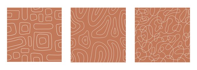 Elegante conjunto abstracto de patrones sin fisuras con líneas geométricas enredadas blancas sobre fondo de terracota
