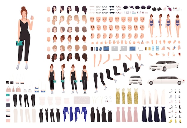 Elegante conjunto de animación de mujer joven o kit de construcción. Colección de partes del cuerpo, gestos, posturas, ropa de noche. Personaje de dibujos animados femenino. Vistas frontales, laterales y traseras. Ilustración de vector plano.