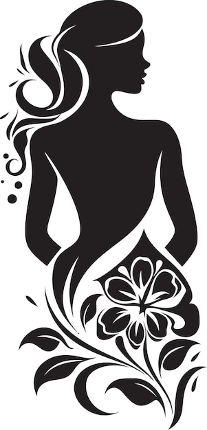 Vector elegante conjunto botánico vector mujer icono gracioso cuerpo completo flores diseño de emblema negro