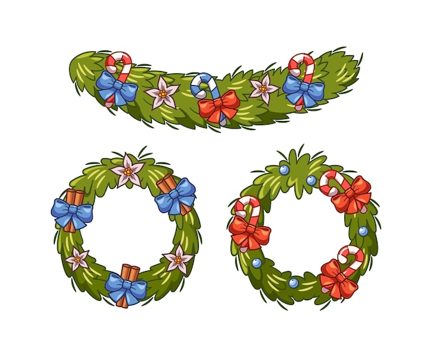 Elegante conjunto de coronas y guirlandas de árboles de Navidad con bastones de caramelo y arcos de colores