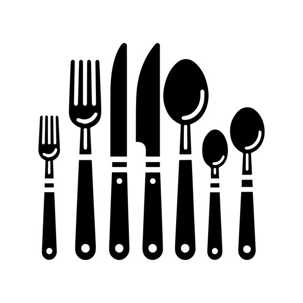 Elegante conjunto de cubiertos vectoriales negros con ilustraciones de alta calidad