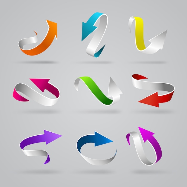 Elegante conjunto de iconos de elemento web de flechas rizadas d brillante Línea de rayas coloridas punteros de cadena elementos de Internet