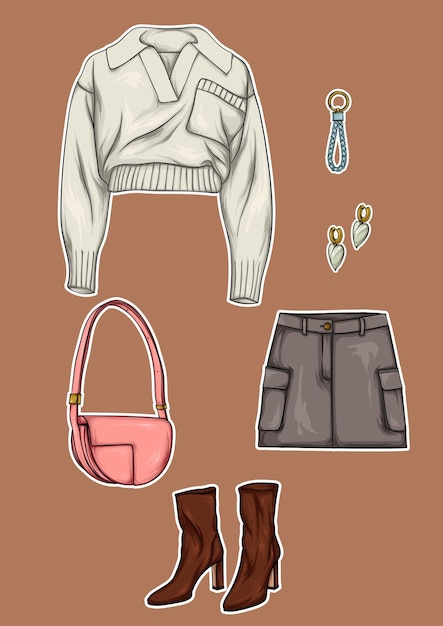 Elegante conjunto de imágenes prediseñadas con elementos de etiqueta de ilustración de vector de ropa de moda