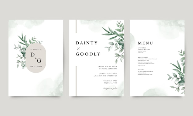 Elegante conjunto de plantillas de tarjetas de invitación de boda de follaje