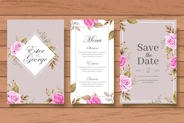 Vector elegante conjunto de tarjeta de invitación de boda floral acuarela