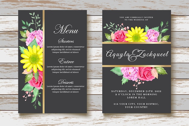 Vector elegante conjunto de tarjeta de invitación de boda floral acuarela