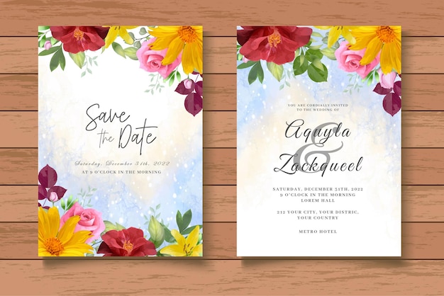 Vector elegante conjunto de tarjeta de invitación de boda floral