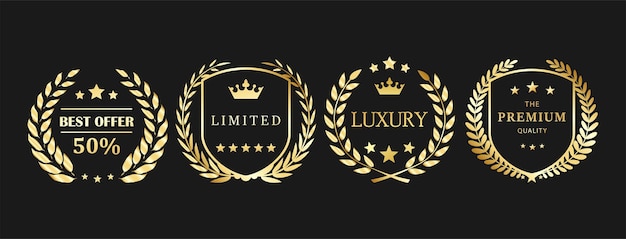 Elegante conjunto vectorial de insignia de laurel dorado para diseños de calidad premium y lujo