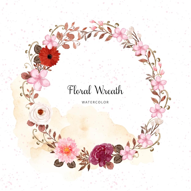 Elegante corona floral de acuarela blanca y roja