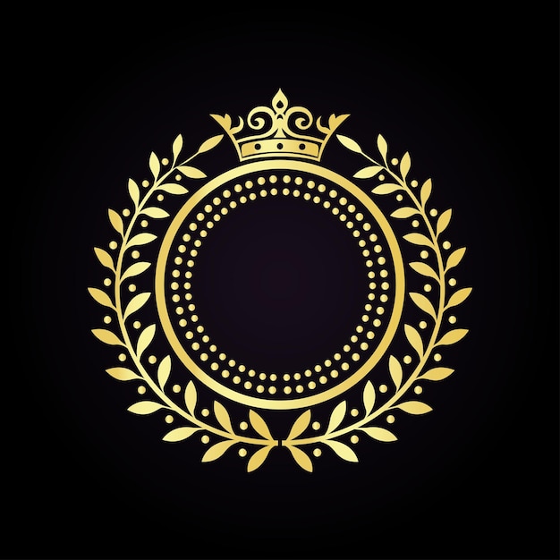 Elegante corona de laurel de oro con corona sobre un fondo negro