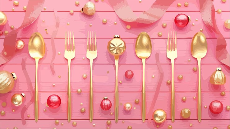 Vector elegante cubiertos de oro con bolas navideñas festivas sobre un fondo de madera rosada