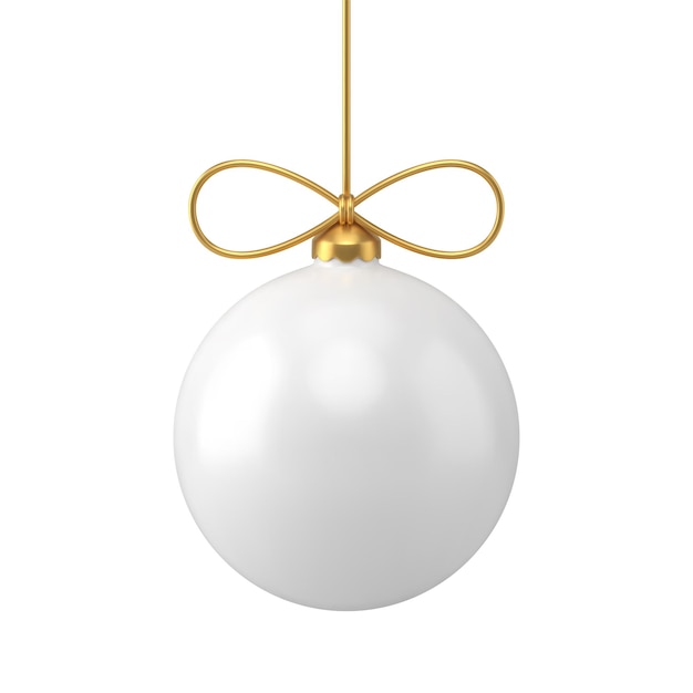 Elegante decoración blanca tierna de vacaciones de diciembre con ilustración de vector realista de maqueta 3d de cuerda de arco dorado colgado. Juguete de árbol de Navidad de vidrio brillante de lujo para diseño decorativo abeto de invierno aislado