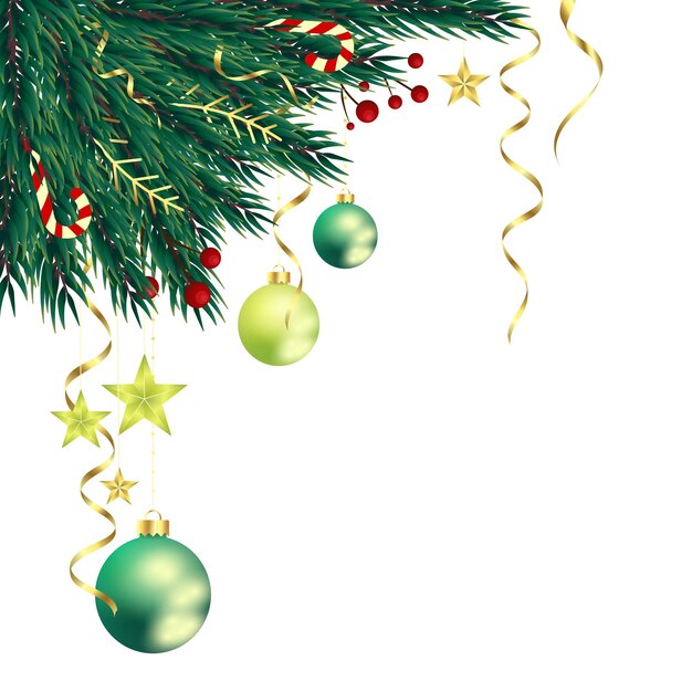 Elegante decoración navideña con ramas de abeto, bastones de caramelo, cintas, bolas y estrellas