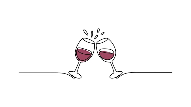 Elegante dibujo de líneas continuas de copas de vino para tostar con estilo minimalista y líneas fluidas