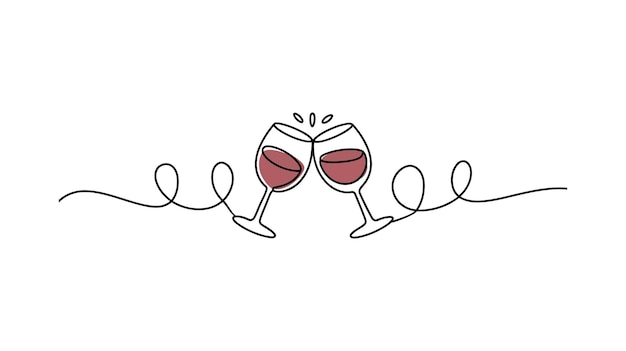 Elegante dibujo de líneas continuas de copas de vino para tostar con estilo minimalista y líneas fluidas