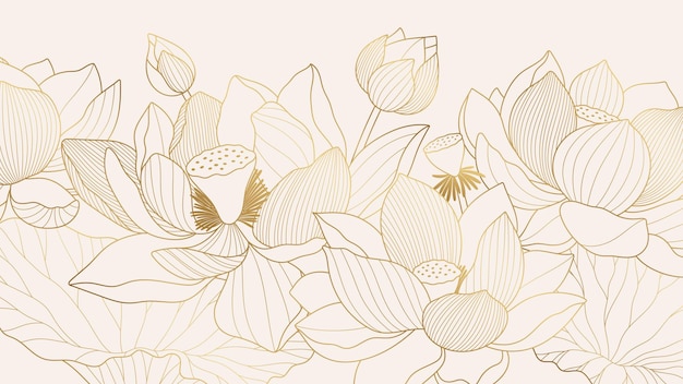 Elegante dibujo de líneas doradas de flores y hojas de loto en un fondo claro minimalista oriental