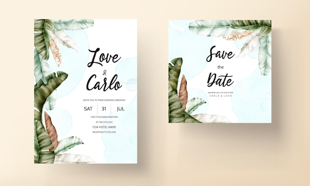 Elegante dibujo a mano acuarela hojas tropicales tarjeta de invitación