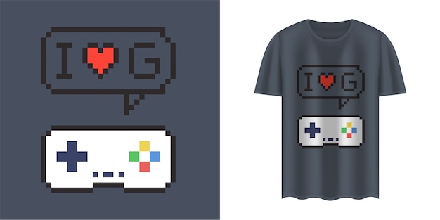 Vector elegante diseño de camisetas y prendas de vestir con gamepad de píxeles, tipografía, impresión, ilustración.