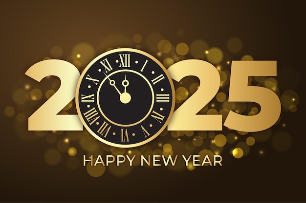 Elegante diseño de celebración del Año Nuevo 2025 con texto dorado, reloj vintage y fondo bokeh