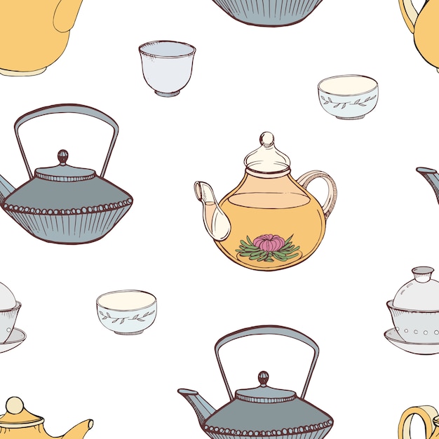 Elegante diseño sin costuras con atributos dibujados a mano de la tradicional ceremonia japonesa del té: tetera de hierro fundido Tetsubin, tetera, tazas o tazones. Ilustración colorida para impresión textil, papel tapiz.