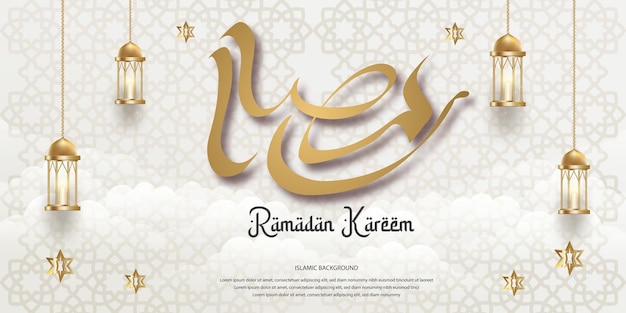 Elegante diseño de fondo islámico Ramadan Kareem con linternas doradas y caligrafía árabe