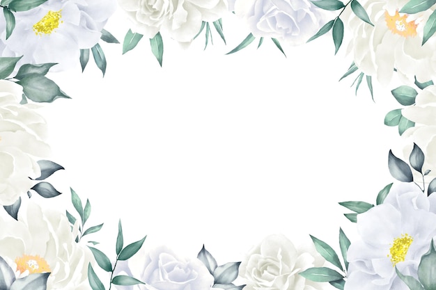 Elegante diseño de fondo de marco floral acuarela con peonía dibujada a mano y hojas