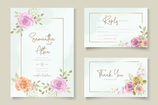 Elegante diseño de invitación de boda floral con hermosas flores.