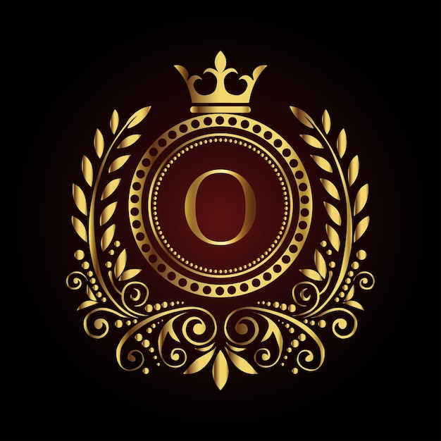 Elegante diseño de letra O con monograma dorado con corona y laurel adornado sobre un fondo de lujo oscuro