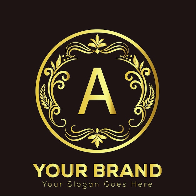Elegante diseño de logotipo dorado con decoraciones ornamentales perfectas para la marca y el estilo lujoso