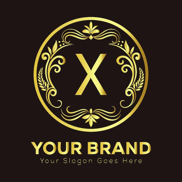 Elegante diseño de logotipo dorado con decoraciones ornamentales X perfectas para la marca y el estilo lujoso