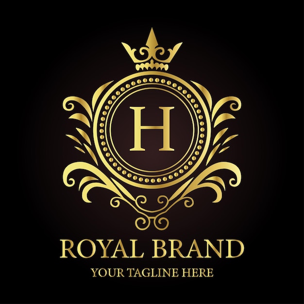Elegante diseño de logotipo dorado que muestra el emblema de la marca real H con estilo lujoso y detalles de la corona