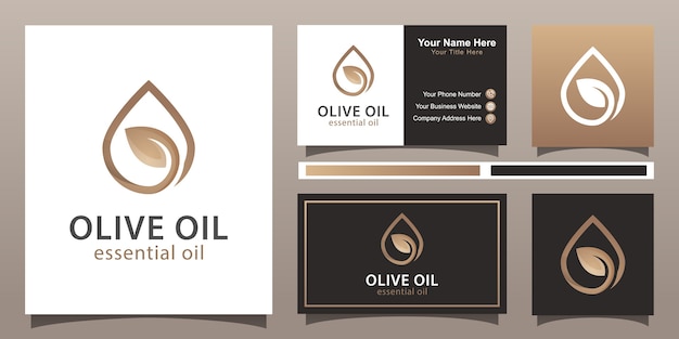 Elegante diseño de logotipo de gota de agua y aceite de oliva con plantilla de tarjeta de visita