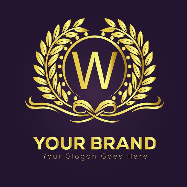 Elegante diseño de logotipo de laurel con corona de oro W para una marca de lujo y una identidad empresarial prestigiosa