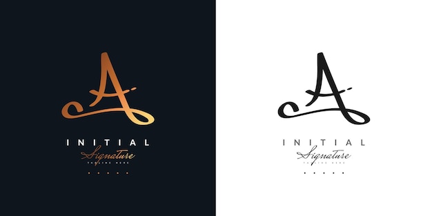 Elegante diseño de logotipo con letra A con estilo de escritura a mano en degradado dorado. Logotipo o símbolo de la firma de la letra A para bodas, moda, joyería, boutique, identidad botánica, floral y empresarial