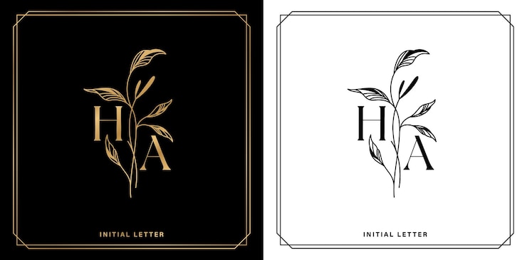 Vector elegante diseño del logotipo de la letra ha de color dorado y negro con fondo aislado de borde ornamental de hoja