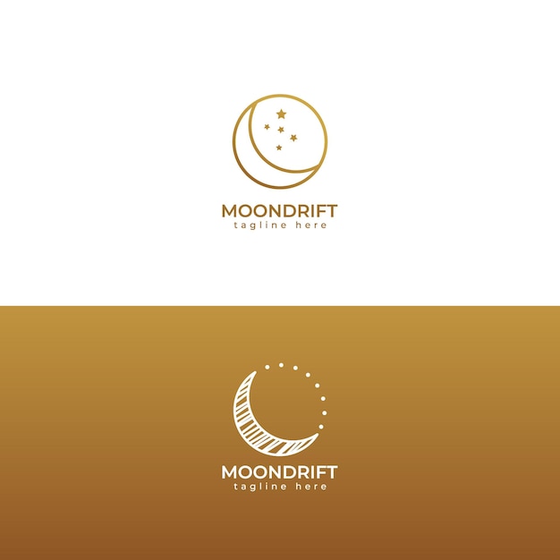 Elegante diseño de logotipo de luna y estrellas doradas con tipografía elegante