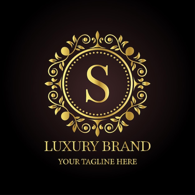 Elegante diseño de logotipo de marca de lujo de oro S con elementos florales ornamentales y eslogan personalizable
