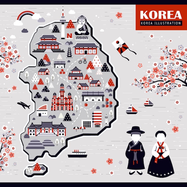 Elegante diseño de mapa de viajes de corea con hitos