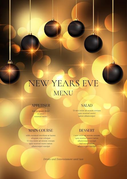 El elegante diseño del menú de la víspera de Año Nuevo con bolas colgantes y luces bokeh doradas