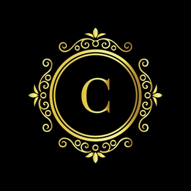 Elegante diseño de monograma de letra dorada C con borde floral decorativo sobre fondo negro