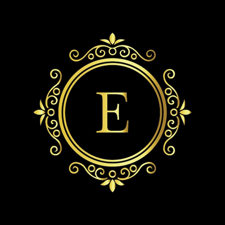 Vector elegante diseño de monograma de letra dorada e con borde floral decorativo sobre fondo negro