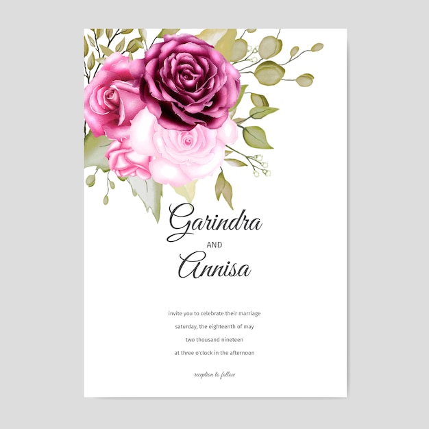 Elegante diseño de plantilla de tarjeta de invitación de boda de acuarela con rosas y hojas