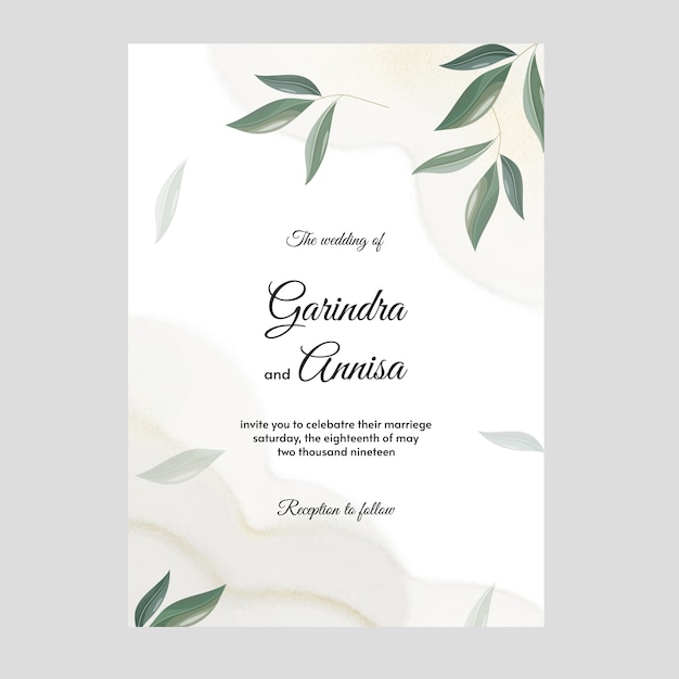 Elegante diseño de plantilla de tarjeta de invitación de boda con corona floral y hojas